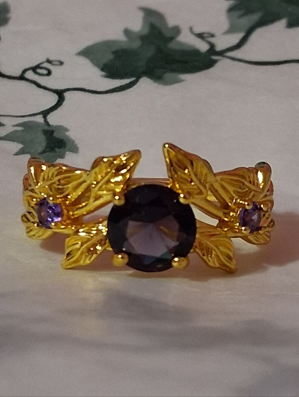 Vintage Inspired Leaf Statement Ring With Purple Stones